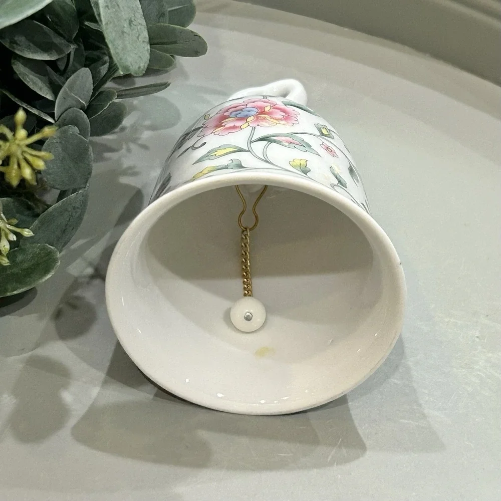 Vintage HTF Porcelain Bell With Floral Design And Heart Handle Beautiful Chime